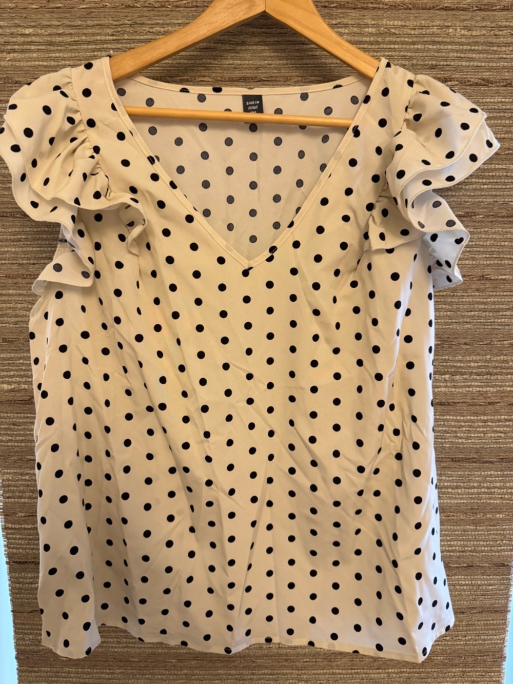 SHEIN Cream Polka Dot V-Neck Ruffle Sleeve Top